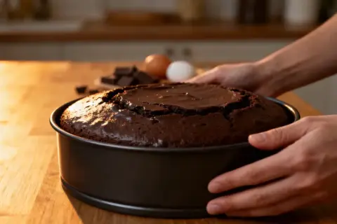 Un délicieux gâteau au chocolat facile, tout juste sorti du four, avec des ingrédients comme des œufs et du chocolat en arrière-plan.