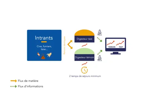 Schéma d'un tableau potentiel méthanogène : des intrants (cive, fumiers) alimentent deux digesteurs (test et témoin) pour comparer les résultats sur un écran.