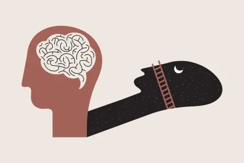 En stiliserad profil av ett huvud med en hjärna inuti. En skugga av huvudet sträcker sig ut, fylld av stjärnor och en måne, med en stege som leder uppåt. Symboliserar att minska stress genom att nå nya höjder.