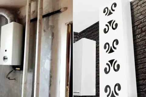Przed i po: stary piec gazowy na tle rur i ścian, a obok nowoczesna zabudowa, która pokazuje, czy można zabudować piec gazowy, tworząc estetyczne wnętrze.
