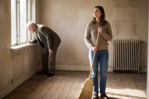 Mann prüft Fenster, Frau hält Besen. Sie fragen sich, was bedeutet besenrein bei Auszug? Hier wird es gezeigt: alles sauber für den Nachmieter.