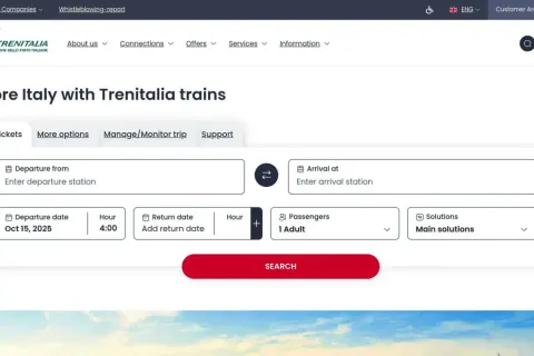 Strona Trenitalia.pl ułatwia podróżowanie po Włoszech. Dowiedz się, jak kupić bilet na pociąg we Włoszech, wypełniając formularz: stacja wyjazdu, przyjazdu, daty i pasażerowie.