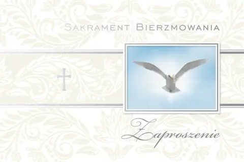 Eleganckie zaproszenie na bierzmowanie z motywem gołębicy i krzyża. Tekst zaproszenia ozdobiony jest subtelnymi wzorami.