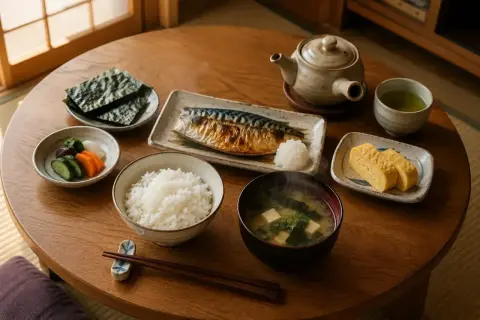 Tradycyjne japońskie dania obiadowe: ryż, grillowana makrela, zupa miso, tamagoyaki, nori i pikle.