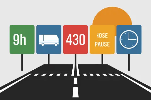 Tableau temps de conduite poids lourd : 9h, camion, 430km, pause, horloge.