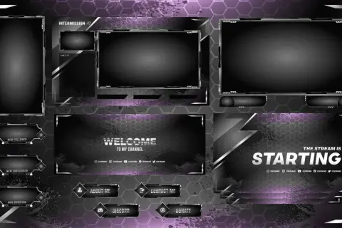 Stream-Overlay-Set mit Hexagon-Muster und lila Akzenten. Enthält "Starting", "Welcome", "Intermission" und Benachrichtigungsfelder. Perfekt für deinen twitch overlay free Stream.