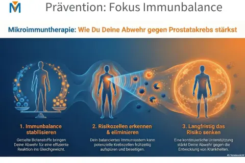 Illustration zeigt, wie Mikroimmuntherapie die Abwehr stärkt, um Prostatakrebs mit 70 Jahren vorzubeugen.