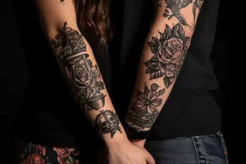 Zwei Arme mit detailreichen Tattoos: Rosen, eine Sanduhr und ein Totenkopf. Ein Symbol für ewige Liebe, das als Partner Tattoo verewigt wurde.