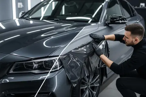Un professionista applica una pellicola per cambiare colore auto, trasformando il grigio metallizzato in un'elegante finitura opaca.