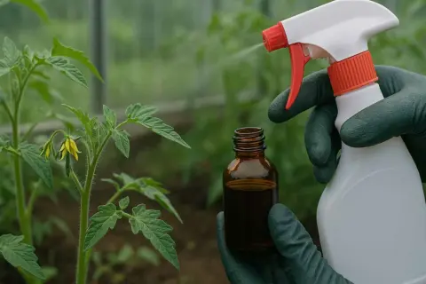 Rękawiczki chronią dłonie podczas przygotowywania oprysku z jodyny na pomidory. Atomizer rozpyla płyn na młodą roślinę.