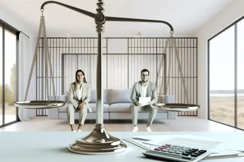 Balanza de justicia con dos personas sentadas a cada lado. Se puede pedir alquiler a un copropietario.