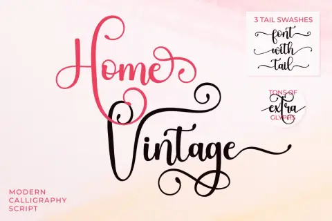 Elegant script font with decorative swashes, showcasing "Home Vintage" and "font with tail" examples.
