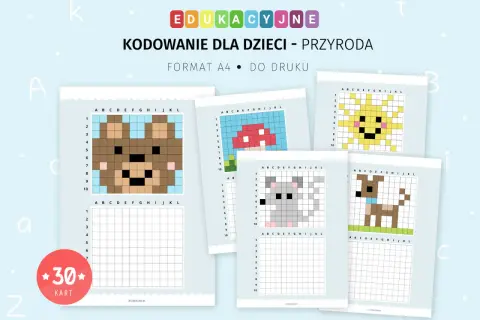 Zestaw kart do druku: kodowanie dla dzieci z motywami przyrody – miś, słońce, grzyb, myszka, piesek.
