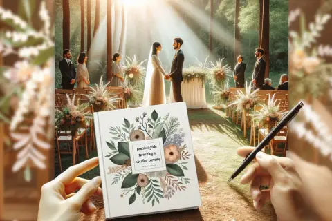 Un guide pour écrire un discours officiant mariage, avec un couple se tenant la main devant un autel en forêt.