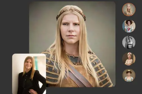 Une femme blonde en tenue médiévale, résultat de myheritage ai time machine, avec des portraits historiques sur la droite.