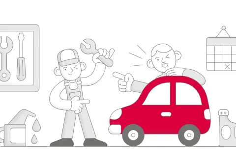 Meccanico e cliente discutono cosa comprende il tagliando auto. Olio, chiavi e calendario indicano la manutenzione.