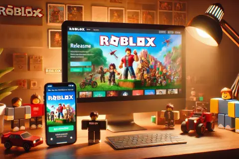Na biurku komputer z ekranem Roblox, telefonem i figurkami. Kiedy powstał Roblox? To pytanie zadaje sobie wielu graczy.