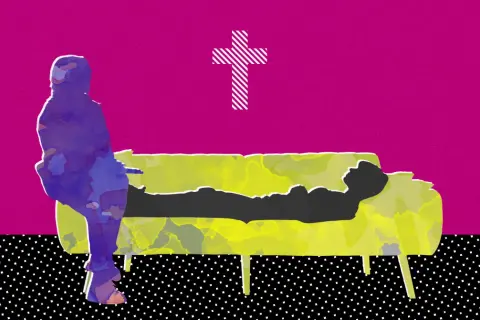 Terapia gestalt i kościół: sylwetka osoby na kanapie, terapeuta obok, krzyż w tle.