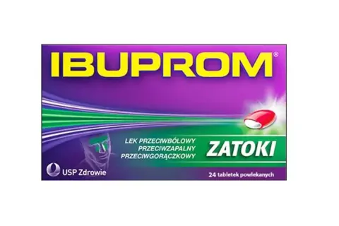 Opakowanie Ibuprom Zatoki, leku na ból i stan zapalny zatok. Zawiera 24 tabletki.