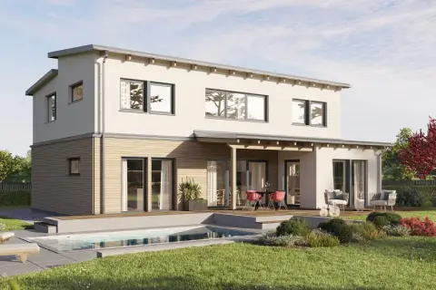 Modernes Haus mit versetztem Pultdach, Pool und Gartenmöbeln. Einladende Terrasse mit Esstisch und Sitzgelegenheiten.