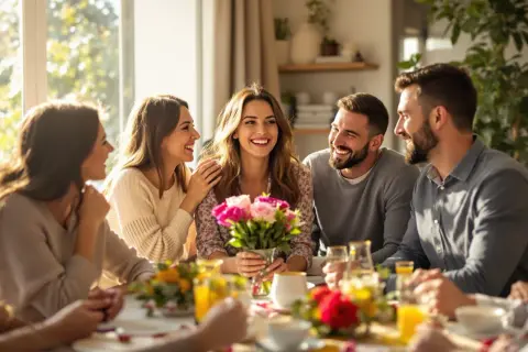 Un groupe d'amis rit autour d'une table, une femme tient un bouquet. Une belle journée, peut-être une fête de la saint Émilie, date à célébrer.