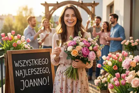 Radosne imieniny Jolanty na tarasie. Uśmiechnięta solenizantka z bukietem kwiatów i kieliszkiem szampana. Na tablicy napis "Wszystkiego najlepszego, Joanno!".