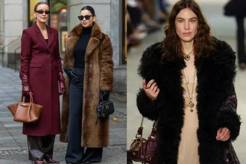 Dwie kobiety w eleganckich płaszczach, jedna w bordowym, druga w futrzanym. Na wybiegu modelka w czarnym, puszystym okryciu. Czy błyszczące kurtki są modne? Te stylizacje sugerują, że tak!