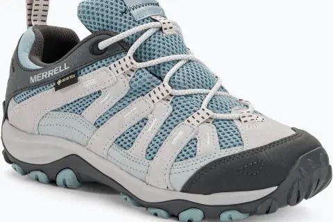 Niebiesko-szare buty trekkingowe Merrell Alverstone GTX z membraną Gore-Tex, idealne na górskie wędrówki.