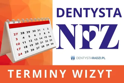 Kalendarz i logo "DENTYSTA NFZ" sugerują terminy wizyt u dentysty na NFZ w Warszawie.