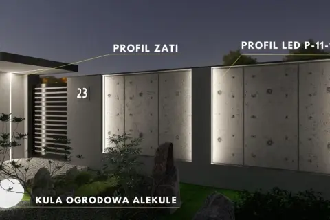Nowoczesne oświetlenie ogrodzenia z profilami LED i kulą ogrodową tworzy nastrojową atmosferę.