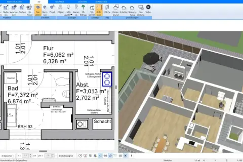 Grundriss Architektur: Ein 2D-Grundriss und eine 3D-Ansicht eines Hauses werden nebeneinander angezeigt.