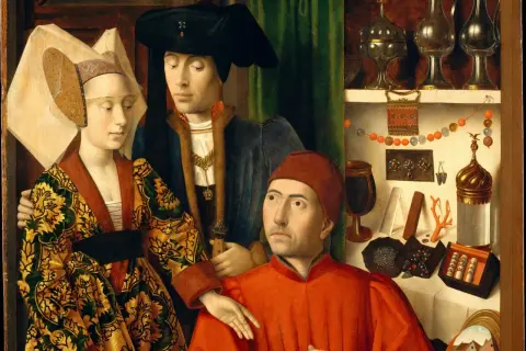 A family portrait in the style of northern Renaissance art, showcasing rich fabrics, intricate jewelry, and a detailed domestic setting.