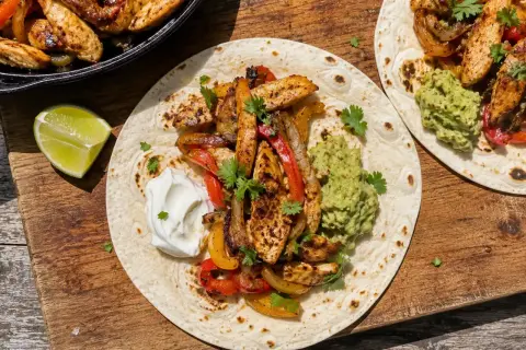 Färdiglagade fajitas med kyckling, paprika och lök på tortillabröd, serverade med guacamole och gräddfil. Ett perfekt fajitas recept för en härlig middag.