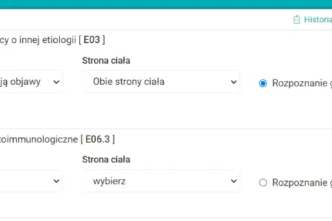 Zapis medyczny z rozpoznaniem niedoczynności tarczycy (E03) i zapalenia tarczycy (E06.3). Brak informacji o ICD 10 F84.