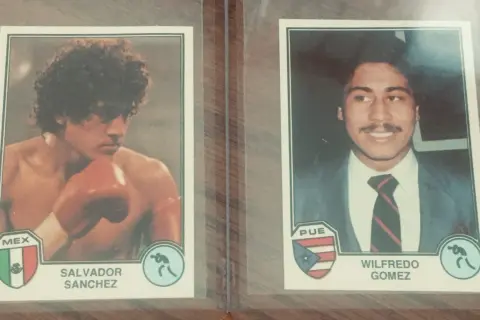 Two boxing cards: Salvador Sanchez in boxing gear and Wilfredo Gomez in a suit. Wilfredo Gomez is still alive and a boxing legend.