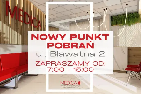 Nowy punkt pobrań materiałów do badań "MEDICA" zaprasza na ul. Bławatna 2 od 7:00 do 15:00.
