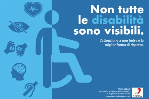 Non tutte le disabilità sono visibili. Icone mostrano cuore, occhio coperto, mani con pillole, cervello, orecchio. Rispetto per chi vive una disabilità invisibile.
