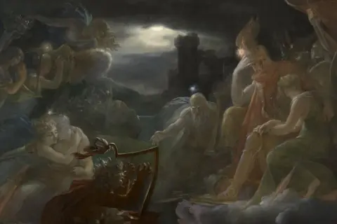 Le songe d'Ossian : figures éthérées, un barde jouant de la harpe, un château brumeux sous la lune.