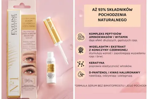 Serum Eveline na porost rzęs i brwi. Zapewnia dłuższe i gęstsze rzęsy dzięki naturalnym składnikom. Efekt widoczny po 8 tygodniach.