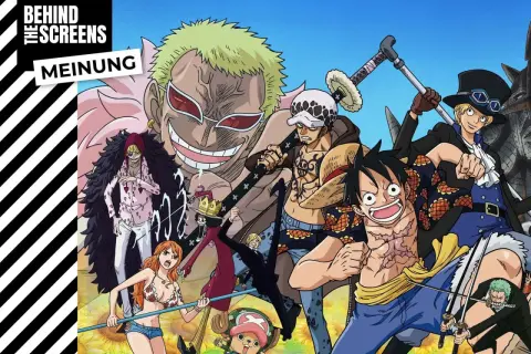 Ein "One Piece"-Pause-Moment mit Luffy, Law, Sabo, Doflamingo und anderen Piraten vor einer Sonnenblumenwiese.