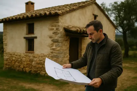 Hombre revisa planos frente al **cortijo Barranco Hondo**, una edificación rústica de piedra y tejas.