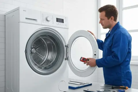 Un technicien examine une machine à laver Hotpoint avec un outil, suggérant un problème.