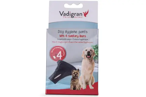 Emballage de slip pour chien Vadigran avec 4 serviettes hygiéniques. Deux chiens, un golden retriever et un terrier, posent devant.