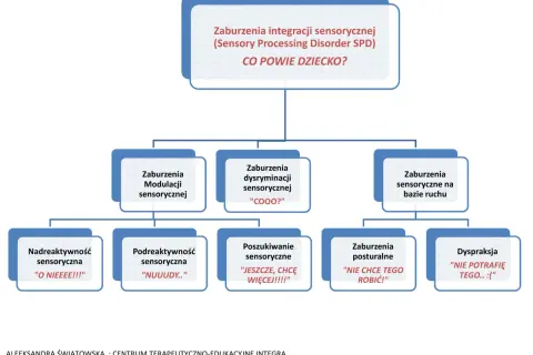 Schemat zaburzeń integracji sensorycznej (SPD) z podziałem na rodzaje i przykładowymi wypowiedziami dzieci.
