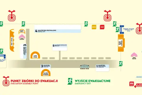 Mapa terenu festiwalu z zaznaczonymi scenami, miasteczkami, punktami wejścia/wyjścia i punktem zbiórki do ewakuacji. W razie potrzeby opener ewakuacja jest jasno oznaczona.