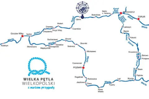 Mapa Wielkiej Pętli Wielkopolski z zaznaczonymi rzekami Wartą i Notecią, w tym dopływ Noteci.