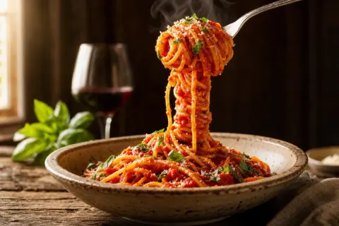 En gaffel lyfter en imponerande hög med ångande spaghetti med tomatsås, perfekt för ett enkelt nudlar recept. Basilika och parmesan toppar pastan.