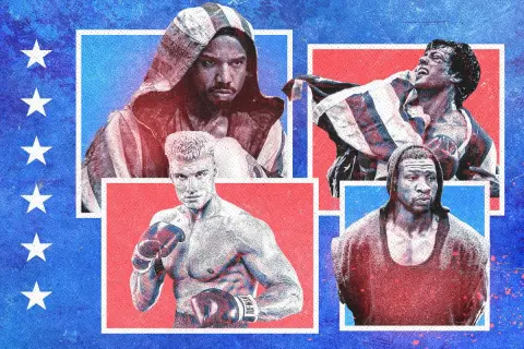 Four iconic boxers in their prime: Adonis Creed, Ivan Drago, Rocky Balboa, and Apollo Creed.