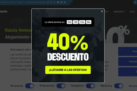 Ventana emergente que anuncia un 40% de descuento. La oferta termina pronto. ¡Aprovecha la promoción!