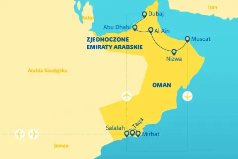 Mapa podróży po Zjednoczonych Emiratach Arabskich i Omanie. Trasa obejmuje Dubaj, Abu Zabi, Al Ain, Nizwę, Maskat, Salalah, Taqa i Mirbat.